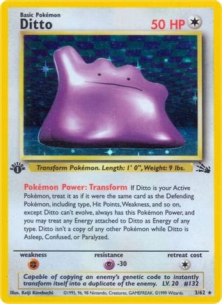 'Pokemon - 'Ditto (3) 003/62  - Unlimited Holofoil Fossil - Holo Rare