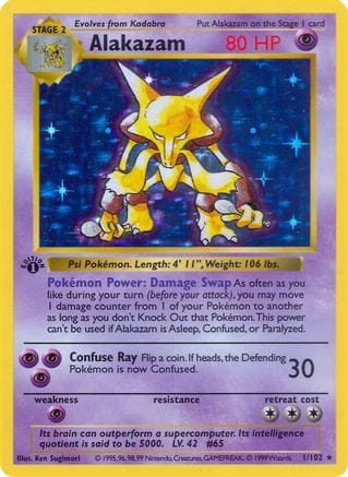 'Pokemon - 'Alakazam 001  - Unlimited Holofoil Base Set Shadowless - Holo Rare