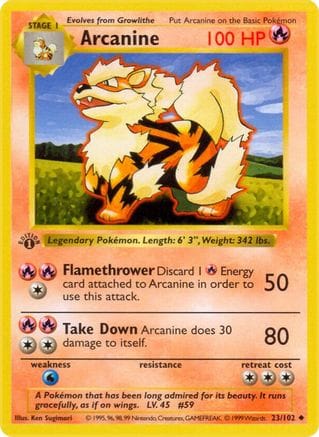 'Pokemon - 'Arcanine 023/102  - 1st Edition Base Set Shadowless - Uncommon