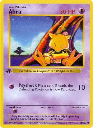 'Pokemon - 'Abra 043/102  - Unlimited Base Set Shadowless - Common
