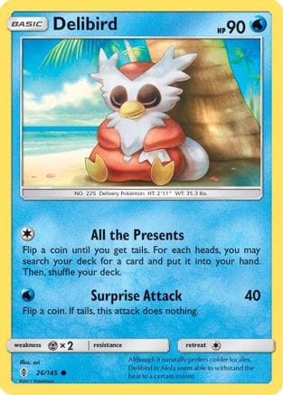 'Pokemon - 'Delibird 026/145  - Reverse Holofoil SM  Guardians Rising - Common