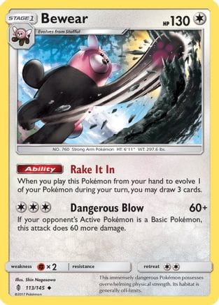 'Pokemon - 'Bewear 113/145  - Reverse Holofoil SM  Guardians Rising - Uncommon