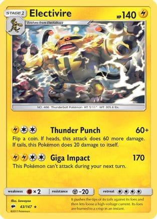 'Pokemon - 'Electivire 043/147  - Reverse Holofoil SM  Burning Shadows - Rare