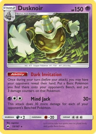 'Pokemon - 'Dusknoir 053/147  - Holofoil SM  Burning Shadows - Holo Rare