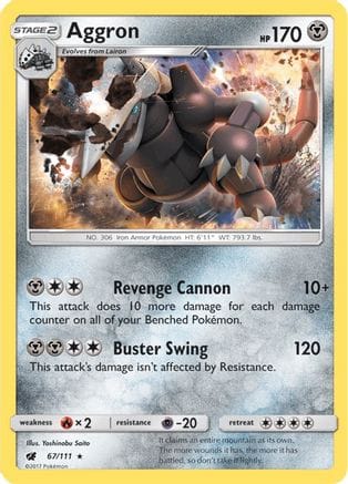 'Pokemon - 'Aggron 067/111  - Reverse Holofoil SM  Crimson Invasion - Holo Rare
