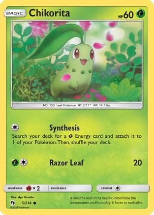 'Pokemon - 'Chikorita (5) 005/214  - Reverse Holofoil SM  Lost Thunder - Common
