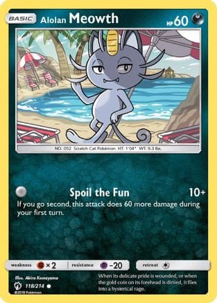 'Pokemon - 'Alolan Meowth 118/214  - Reverse Holofoil SM  Lost Thunder - Common