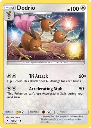 'Pokemon - 'Dodrio 151/214  - Reverse Holofoil SM  Unbroken Bonds - Uncommon