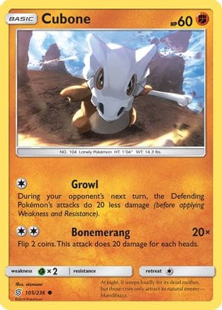 'Pokemon - 'Cubone 105/236  - Reverse Holofoil SM  Unified Minds - Common
