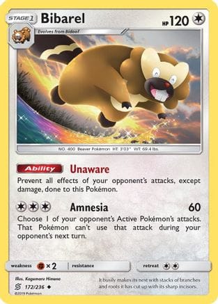 'Pokemon - 'Bibarel 172  - Reverse Holofoil SM  Unified Minds - Uncommon
