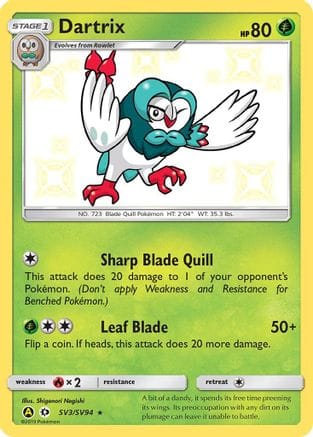 'Pokemon - 'Dartrix SV3/SV94  - Holofoil Hidden Fates Shiny Vault - Shiny Holo Rare