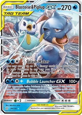 'Pokemon - 'Blastoise & Piplup GX 038/236  - Holofoil SM  Cosmic Eclipse - Ultra Rare