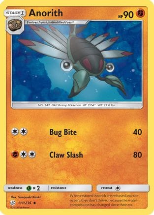 'Pokemon - 'Anorith 111/236  - Reverse Holofoil SM  Cosmic Eclipse - Uncommon