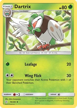 'Pokemon - 'Dartrix 019/236  - Reverse Holofoil SM  Cosmic Eclipse - Uncommon