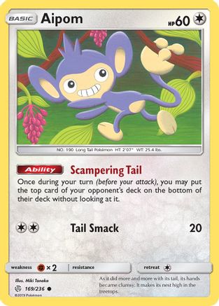 'Pokemon - 'Aipom 169  - Reverse Holofoil SM  Cosmic Eclipse - Common