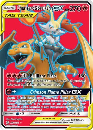 'Pokemon - 'Charizard & Braixen GX (Full Art) 212  - Holofoil SM  Cosmic Eclipse - Ultra Rare