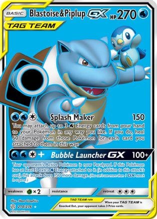 'Pokemon - 'Blastoise & Piplup GX (Full Art) 214  - Holofoil SM  Cosmic Eclipse - Ultra Rare