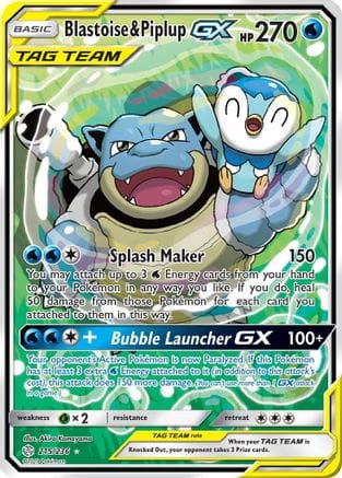 'Pokemon - 'Blastoise & Piplup GX (Alternate Full Art) 215/236  - Holofoil SM  Cosmic Eclipse - Ultra Rare