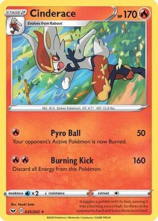 'Pokemon - 'Cinderace (035) 035/202  - Holofoil SWSH01 Sword & Shield Base Set - Holo Rare