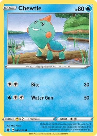 'Pokemon - 'Chewtle 060/202  - Reverse Holofoil SWSH01 Sword & Shield Base Set - Common