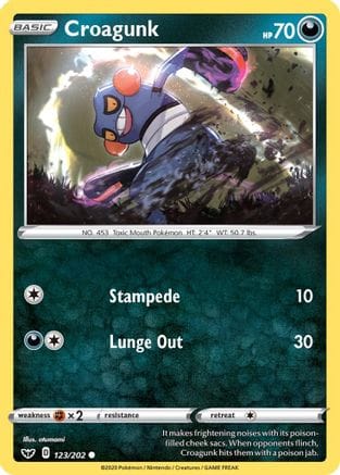 'Pokemon - 'Croagunk 123/202  - Reverse Holofoil SWSH01 Sword & Shield Base Set - Common