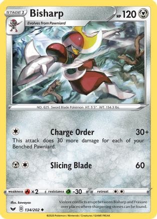 'Pokemon - 'Bisharp 134/202  - Reverse Holofoil SWSH01 Sword & Shield Base Set - Uncommon