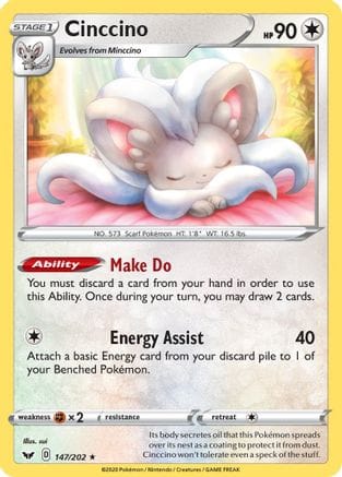 'Pokemon - 'Cinccino 147/202  - Reverse Holofoil SWSH01 Sword & Shield Base Set - Rare