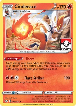 'Pokemon - 'Cinderace 034/202  - Reverse Holofoil League & Championship Cards - Promo