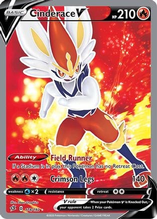 'Pokemon - 'Cinderace V (Full Art) 178/192  - Holofoil SWSH02 Rebel Clash - Ultra Rare