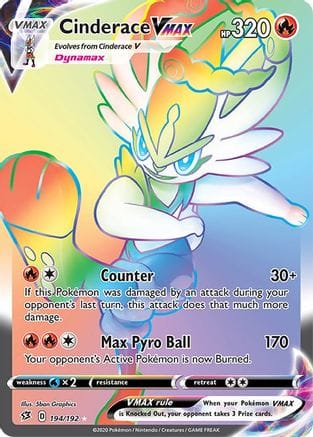 'Pokemon - 'Cinderace VMAX (Secret) 194/192  - Holofoil SWSH02 Rebel Clash - Secret Rare