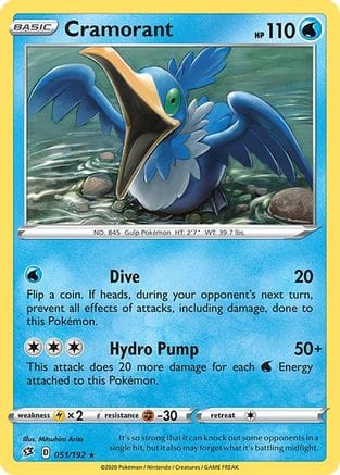 'Pokemon - 'Cramorant 051/192  - Reverse Holofoil SWSH02 Rebel Clash - Rare