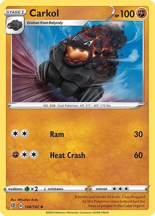 'Pokemon - 'Carkol 106/192  - Reverse Holofoil SWSH02 Rebel Clash - Uncommon