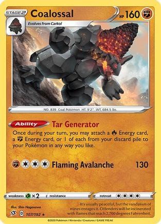 'Pokemon - 'Coalossal 107/192  - Holofoil SWSH02 Rebel Clash - Holo Rare
