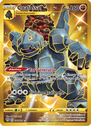 'Pokemon - 'Coalossal (Secret) 198/189  - Holofoil SWSH03 Darkness Ablaze - Secret Rare