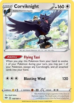 'Pokemon - 'Corviknight 156/189  - Reverse Holofoil SWSH03 Darkness Ablaze - Holo Rare