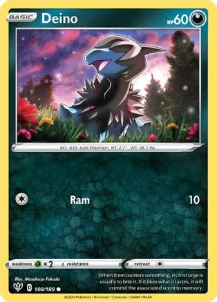 'Pokemon - 'Deino 108/189  - Reverse Holofoil SWSH03 Darkness Ablaze - Common