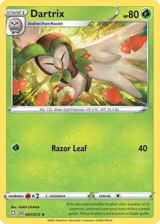 'Pokemon - 'Dartrix 007/072  - Reverse Holofoil Shining Fates - Uncommon