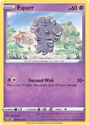 'Pokemon - 'Espurr 060/163  - Reverse Holofoil SWSH05 Battle Styles - Common