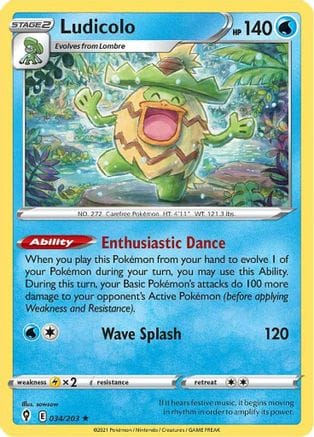 'Pokemon - 'Ludicolo 034/203  - Holofoil SWSH07 Evolving Skies - Holo Rare