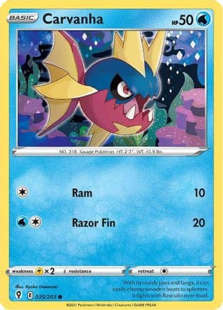 'Pokemon - 'Carvanha 035/203  SWSH07 Evolving Skies - Common