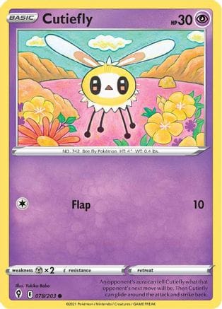 'Pokemon - 'Cutiefly 078/203  - Reverse Holofoil SWSH07 Evolving Skies - Common