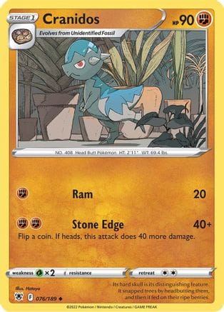 'Pokemon - 'Cranidos 076/189  - Reverse Holofoil SWSH10 Astral Radiance - Uncommon