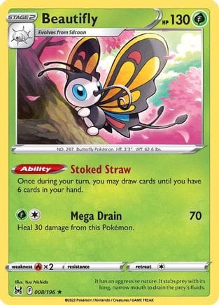 'Pokemon - 'Beautifly 008/196  - Reverse Holofoil SWSH11 Lost Origin - Holo Rare