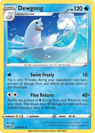 'Pokemon - 'Dewgong 034/196  - Reverse Holofoil SWSH11 Lost Origin - Rare
