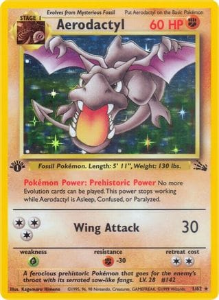 'Pokemon - 'Aerodactyl (1) 001/62  - Unlimited Holofoil Fossil - Holo Rare