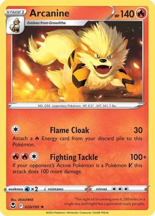 'Pokemon - 'Arcanine 020/195  - Reverse Holofoil SWSH12 Silver Tempest - Rare