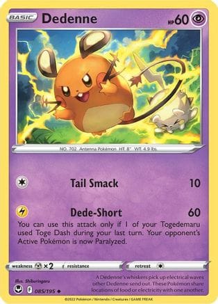 'Pokemon - 'Dedenne 085/195  - Reverse Holofoil SWSH12 Silver Tempest - Uncommon