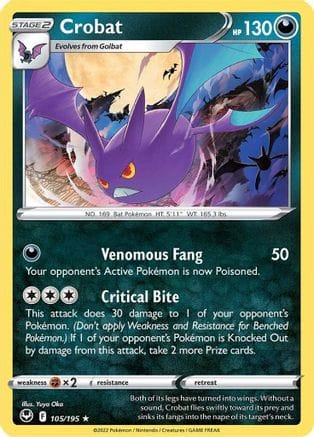 'Pokemon - 'Crobat 105/195  - Reverse Holofoil SWSH12 Silver Tempest - Holo Rare