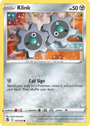 'Pokemon - 'Klink 123/195  - Reverse Holofoil SWSH12 Silver Tempest - Common