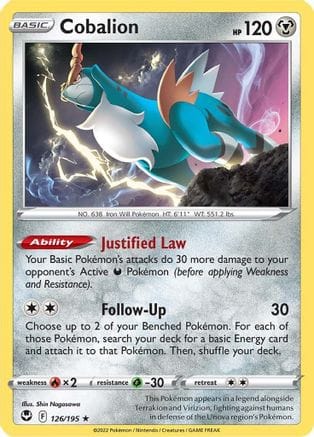 'Pokemon - 'Cobalion 126/195  - Reverse Holofoil SWSH12 Silver Tempest - Rare
